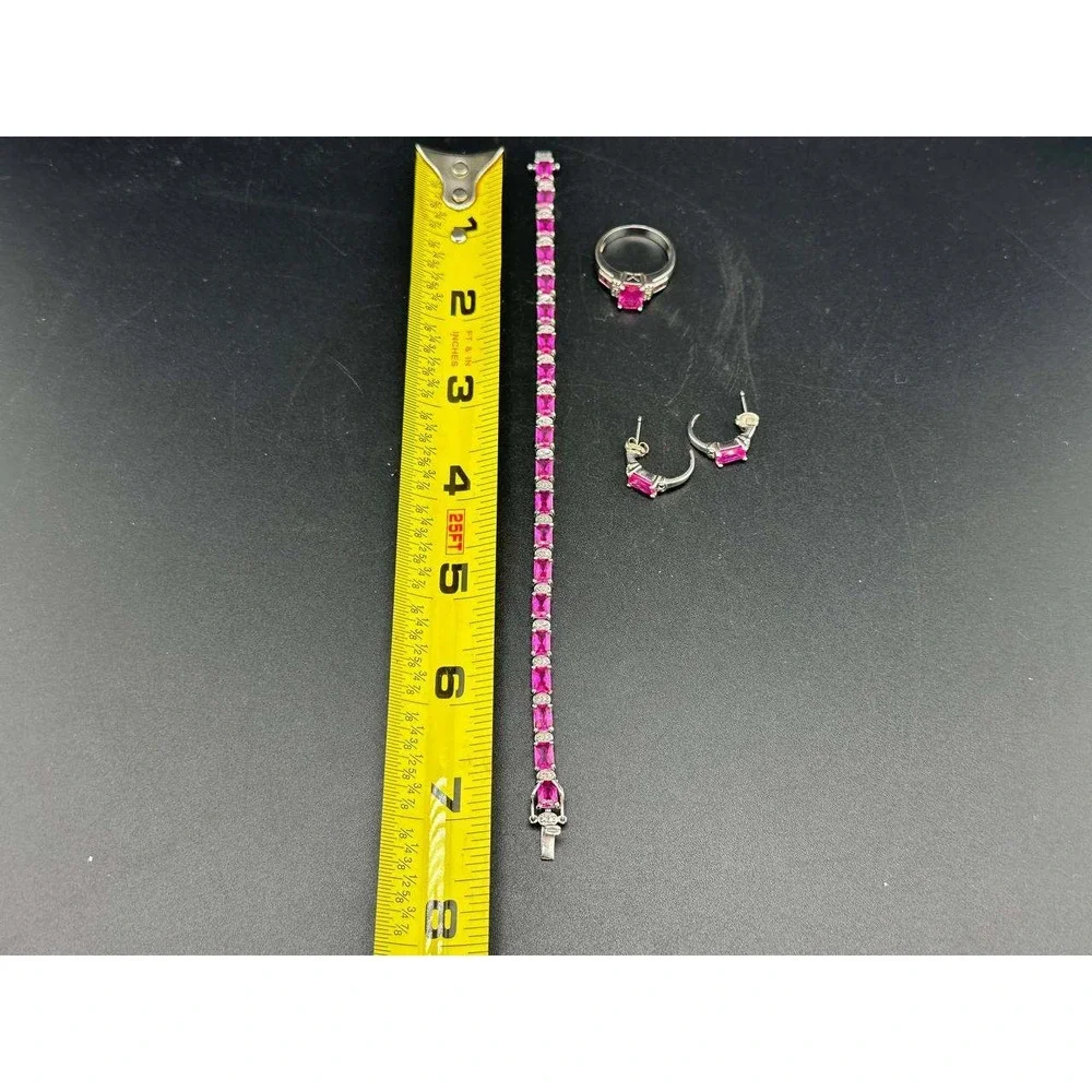 925 Silver Pink‎ Stone Bracelet Ring Earrings Set 051(73)
